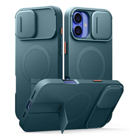 Suritch Flex Armor Case iPhone 16 Plus with Camera Cover and Adjustable Kickstand - Lake Green