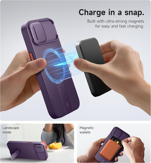 Suritch Flex Armor MagSafe Case iPhone 15 with Camera Cover and Adjustable Kickstand - Dark Purple