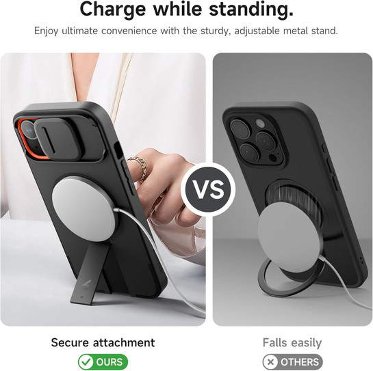 Suritch Flex Armor MagSafe Case iPhone 14 Plus/15 Plus with Camera Cover and Adjustable Kickstand - Black