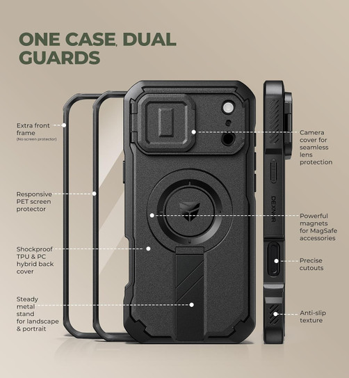 Dexnor Rugged Armor MagSafe Case iPhone 18 Pro/ 17 Pro With Flip Camera Cover & Screen Protector - Black 