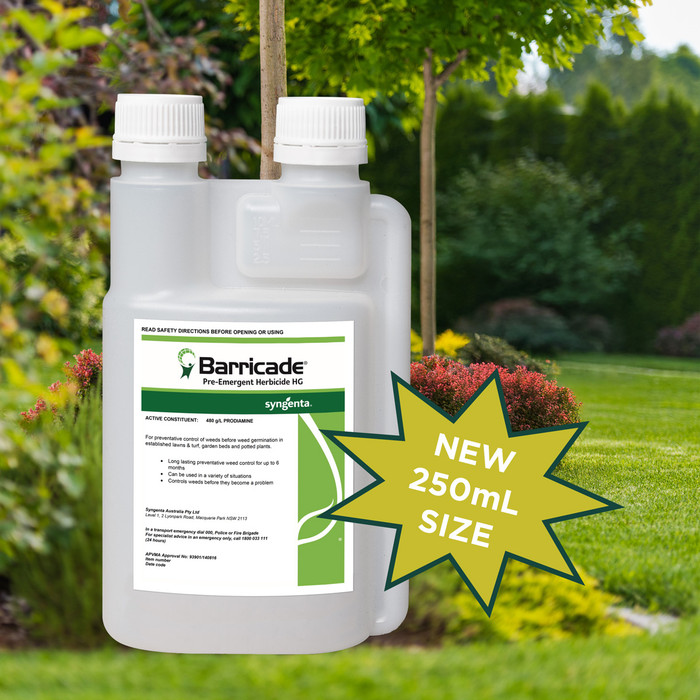 Barricade HG pre-emergent herbicide 250mL bottle on a home lawn
