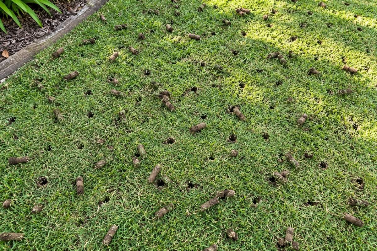 Soil cores pulled from a lawn during core aeration