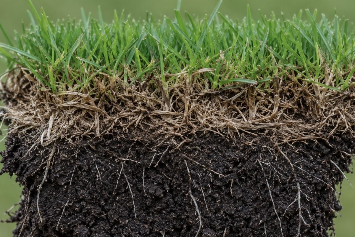 Cross-section of turf showing thatch layer between green leaf and soil