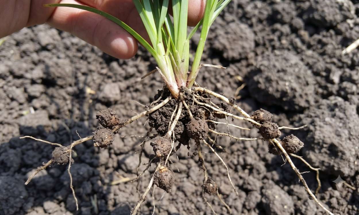 Nutgrass plant lifted from the soil, showing the small nut-like tubers along its underground stems