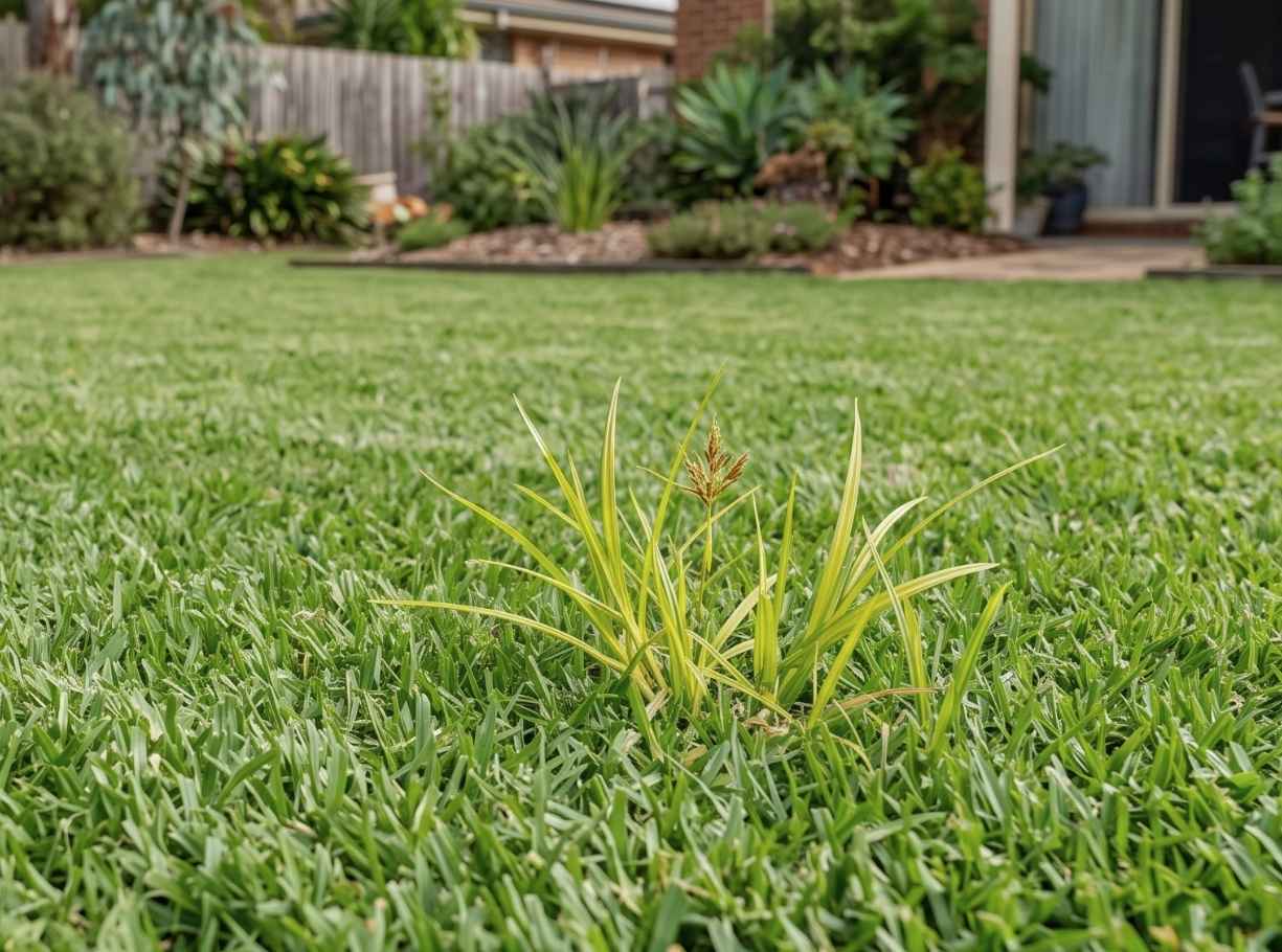 Nutgrass (Cyperus rotundus) growing in a home lawn, with upright triangular stems that stand taller and lighter green than the surrounding turf