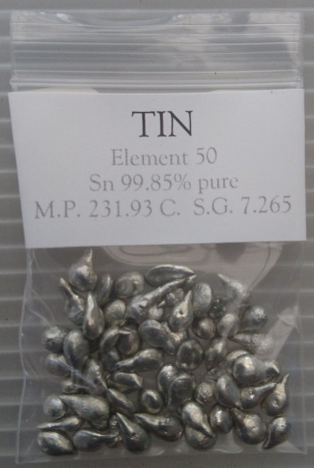 Tin metal granules, minimum 99.85% Pure 10g sample.  FREE POSTAGE!
