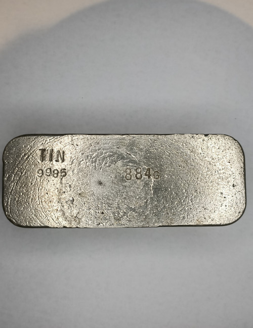 Tin metal, 99.99% 884g ingot. Element 50.