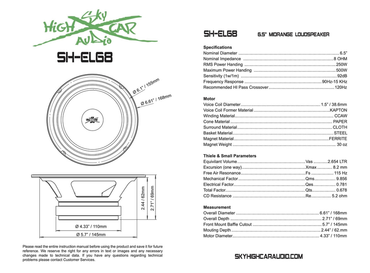 SHCA SH-EL68 6.5" Midrange Loudspeaker 8 ohm (Single Speaker)