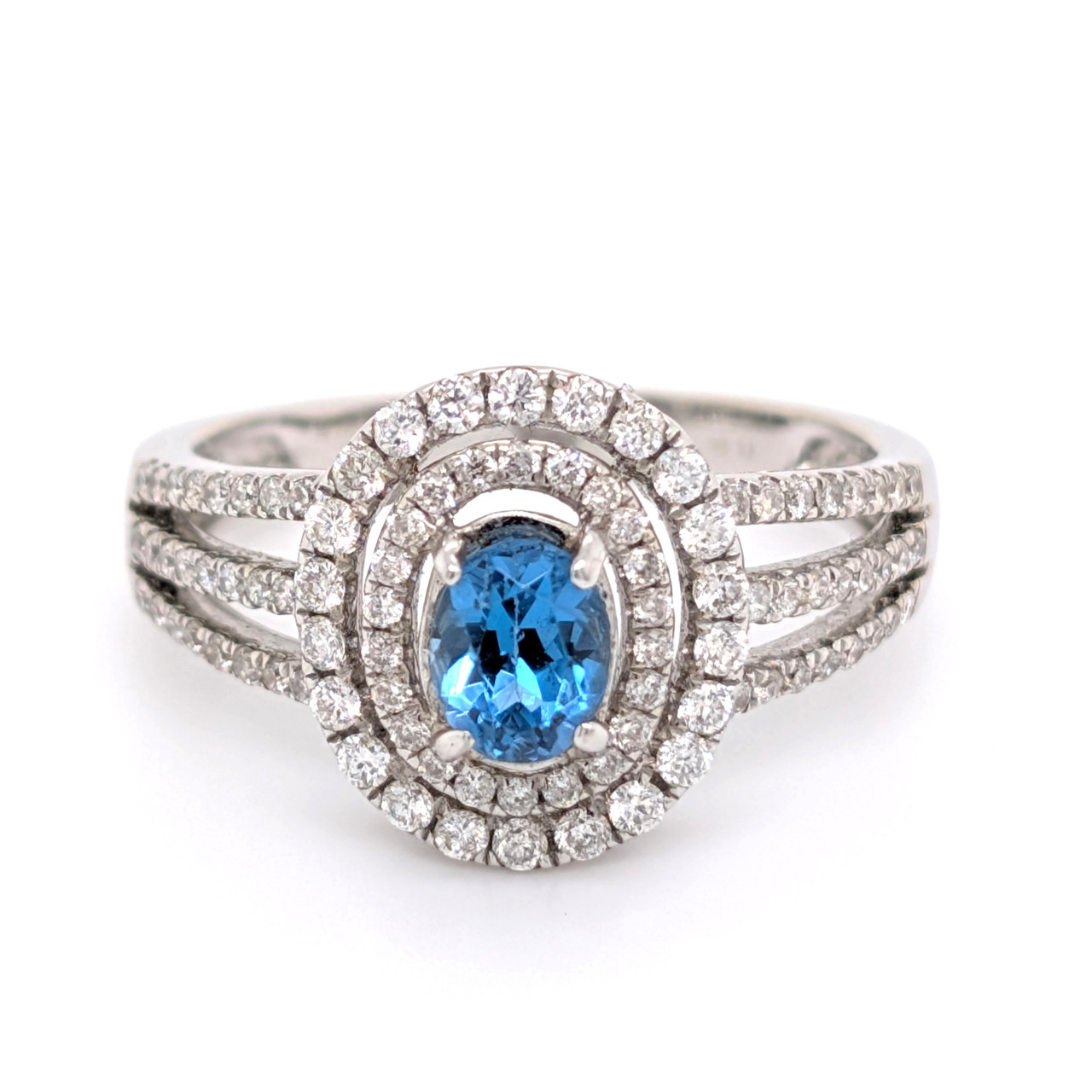 18ct White Gold Blue Topaz Diamond Double Halo Cluster Ring