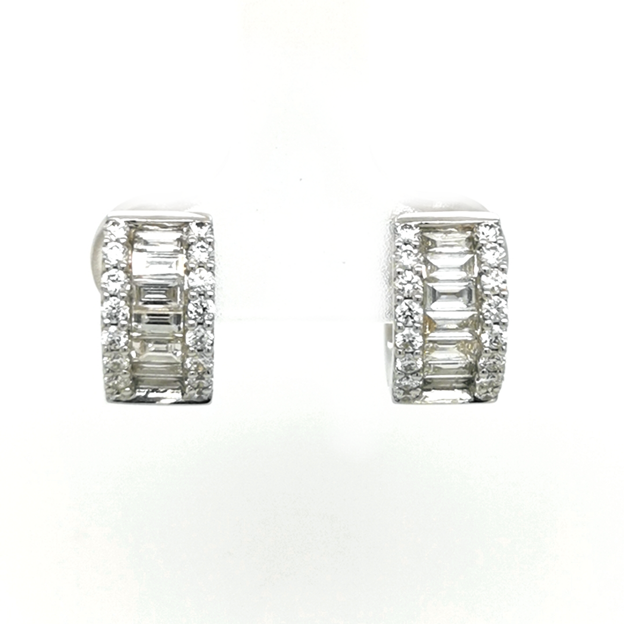 1 CT. T.W. Baguette and Round Diamond Edge Huggie Hoop Earrings in 10K  White Gold | Zales