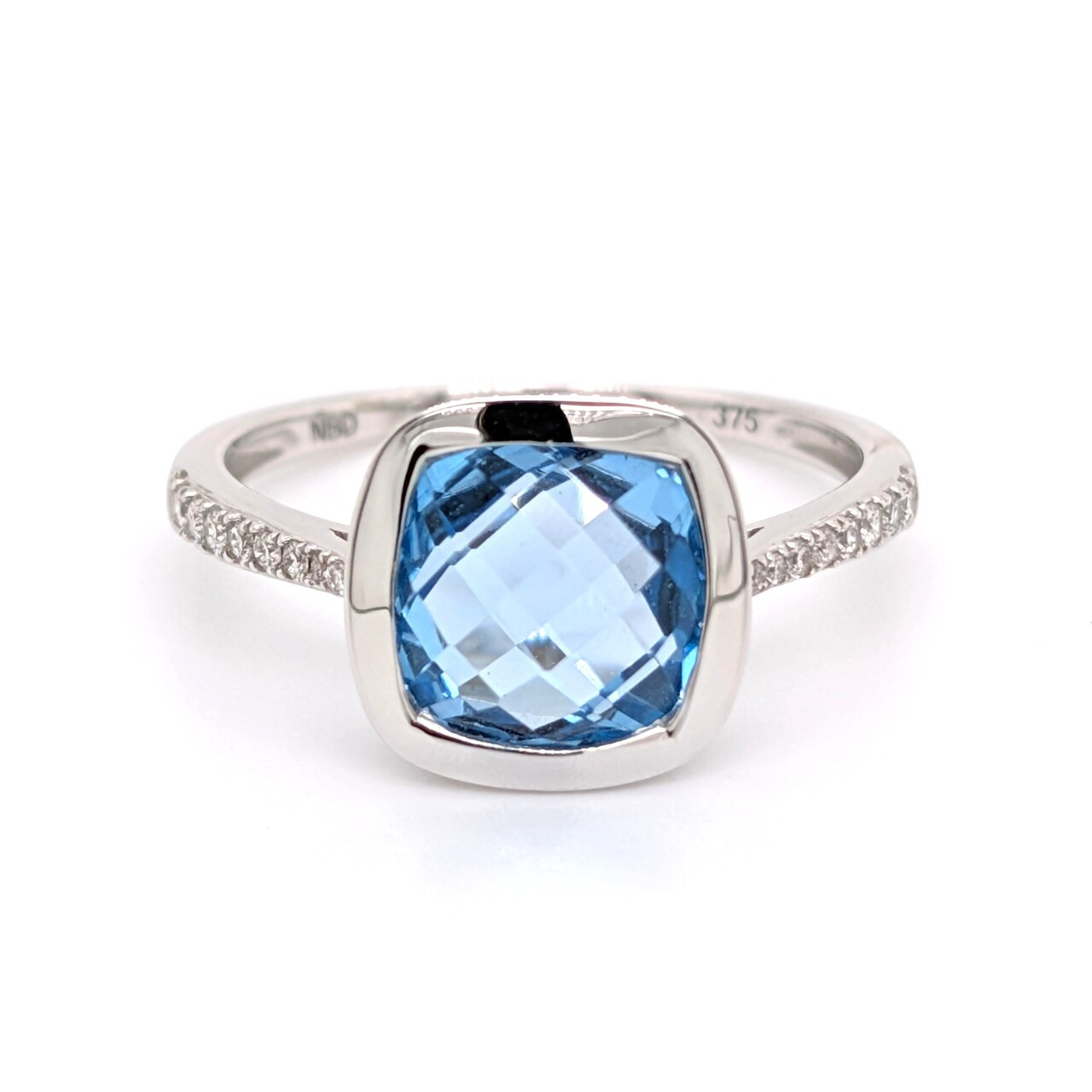 9ct White Gold Blue Topaz Diamond Shouldered Ring