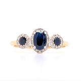 9ct Yellow Gold 3 Stone Sapphire & 0.16ct Diamond Cluster Ring murray co jewellers belfast engagement rings wedding rings gemstone rings jewellery
