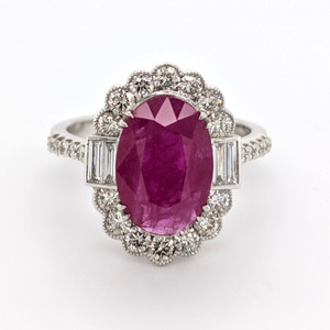 18ct White Gold 3.32ct Oval Ruby & 1.00ct Diamond Cluster Ring murray co jewellers belfast