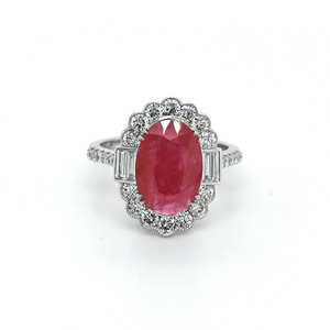 18ct White Gold 3.32ct Oval Ruby & 1.00ct Diamond Cluster Ring murray co jewellers belfast