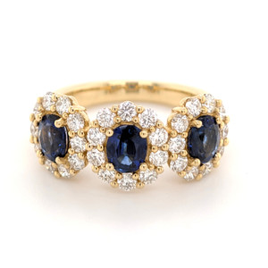 18ct Yellow Gold 1.78ct Sapphire & 1.20ct Diamond 3 Stone Cluster Ring murray co jewellers belfast