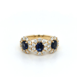 18ct Yellow Gold 1.78ct Sapphire & 1.20ct Diamond 3 Stone Cluster Ring murray co jewellers belfast
