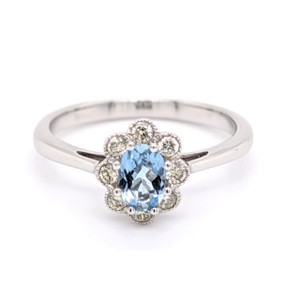 9ct White Gold 0.37ct Aquamarine & 0.20ct Diamond Cluster Ring murray co jewellers belfast