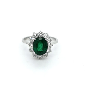 18ct White Gold 2.53ct Oval Emerald & 1.00ct Diamond Cluster Ring murray co jewellers belfast