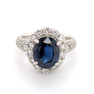 Platinum 3.95ct Royal Ceylon Sapphire & 1.01ct Diamond Cluster Ring murray co jewellers belfast