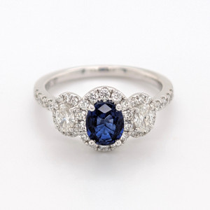 18ct White Gold 0.87ct Sapphire & 0.66ct Diamond 3 Stone Cluster Ring murray co jewellers belfast