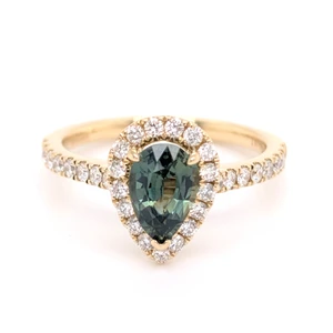 18ct Yellow Gold 1.06ct Teal Sapphire & 0.45ct Diamond Cluster Ring murray co jewellers belfast