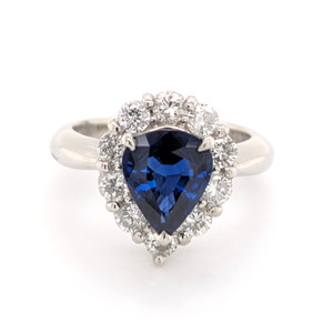 Platinum 1.80ct Pear Sapphire & 0.74ct Diamond Cluster Ring murray co jewellers belfast