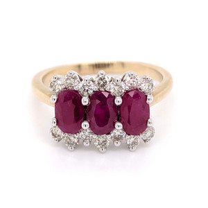 9ct Yellow Gold 1.50ct Ruby & 0.27ct Diamond 3 Stone Cluster Ring murray co jewellers belfast