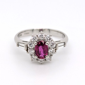 Platinum 0.62ct Oval Ruby & 0.63ct Diamond Cluster Ring murray co jewellers belfast