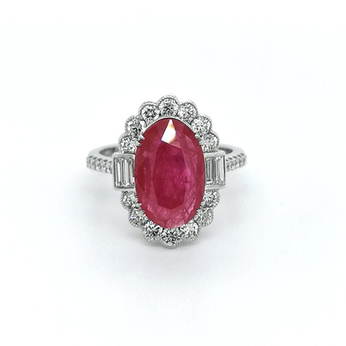 18ct White Gold 3.60ct Oval Ruby & 1.00ct Diamond Cluster Ring murray co jewellers belfast 18ct White Gold 3.60ct Oval Ruby & 1.00ct Diamond Cluster Ring murray co jewellers belfast