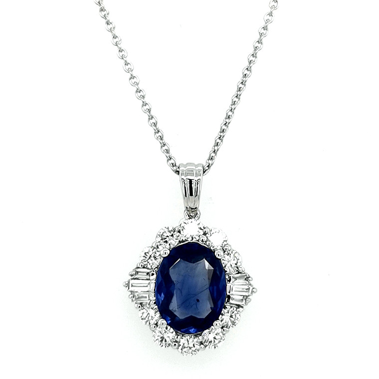 18ct White Gold 3.72ct Sapphire & 0.77ct Diamond Pendant physical Sapphire Pendants Murray & Co.
