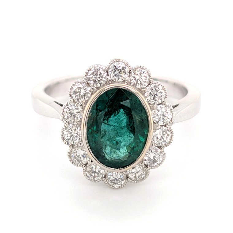 18ct white gold rub over set emerald and diamond cluster ring murray co jewellers belfast