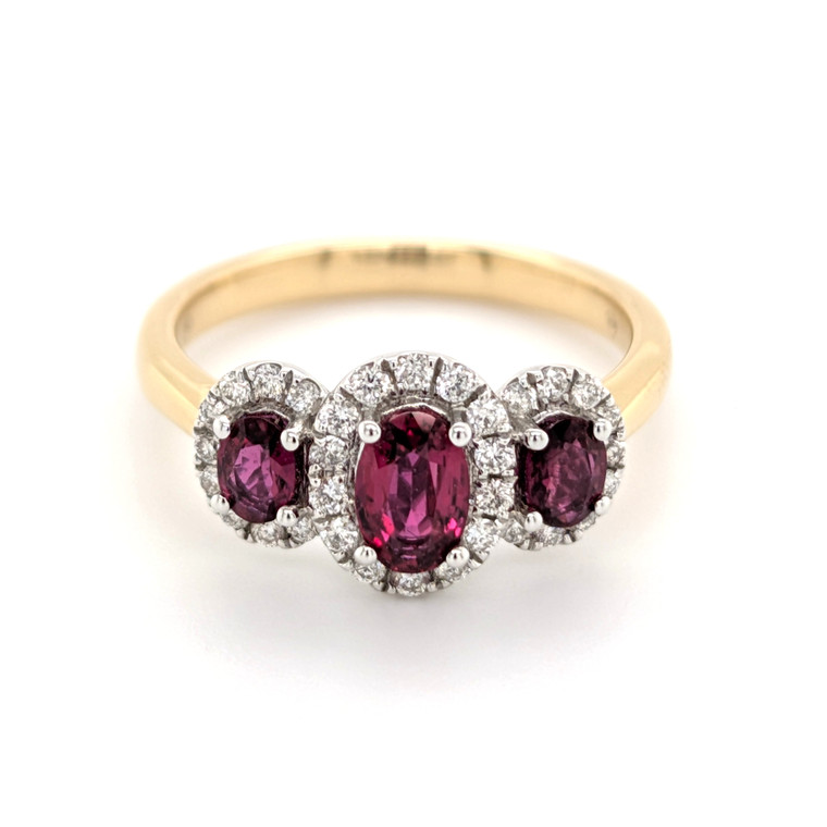 18ct yellow gold ruby and diamond 3 stone cluster ring murray co jewellers belfast