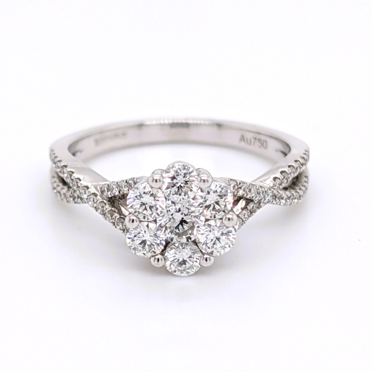 18ct White Gold 0.82ct Diamond Round Twist Shank Cluster Ring murray co jewellers belfast