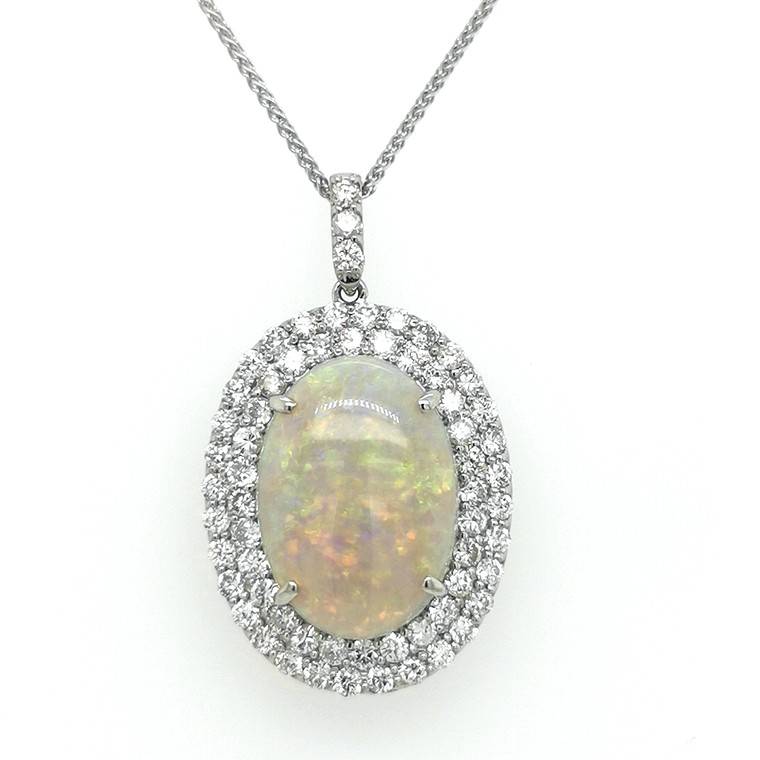 18ct White Gold 5.91ct Opal & 1.55ct Diamond Oval Cluster Pendant murray co jewellers belfast