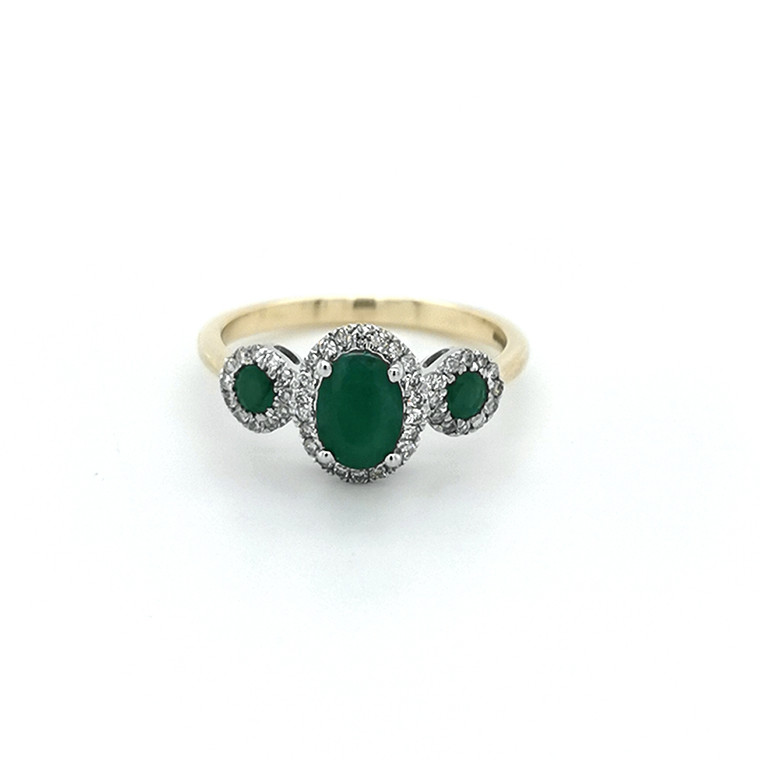 9ct Yellow Gold Emerald & 0.22ct Diamond 3 Stone Cluster Ring murray co jewellers belfast