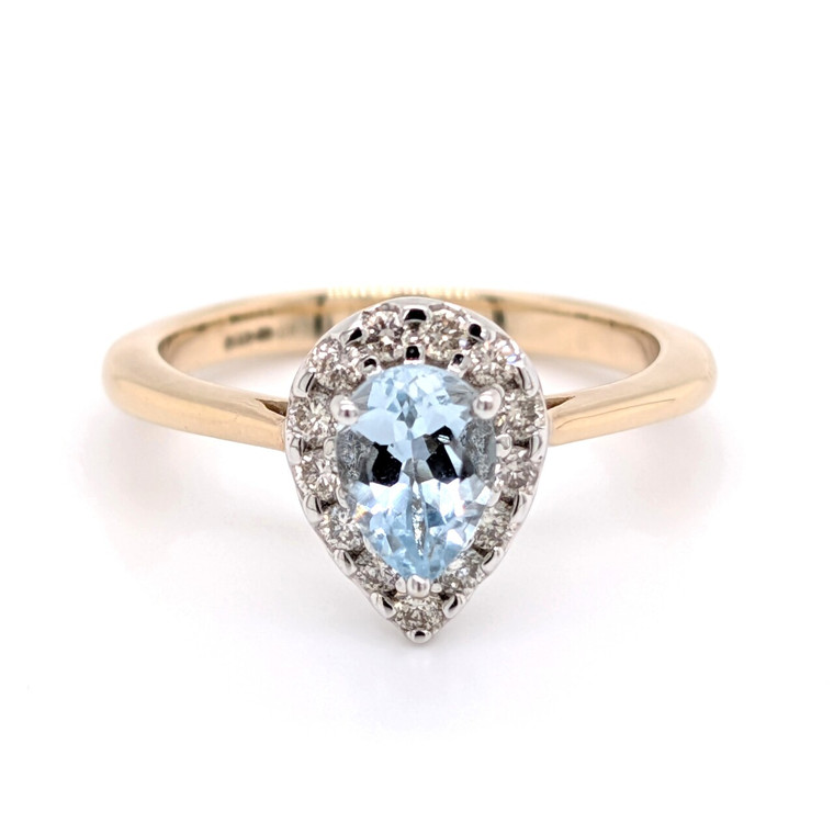 9ct Yellow Gold 0.61ct Pear Aquamarine & 0.24ct Diamond Cluster Ring murray co jewellers belfast