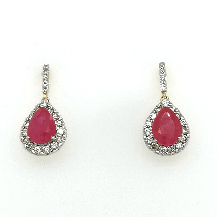 9ct Yellow Gold 1.29ct Pear Ruby & 0.55ct Diamond Halo Earrings murray co jewellers belfast