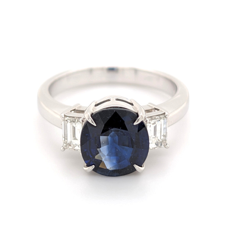 Platinum 2.66ct Round Sapphire & 0.49ct Emerald Cut Diamond Ring murray co jewellers belfast