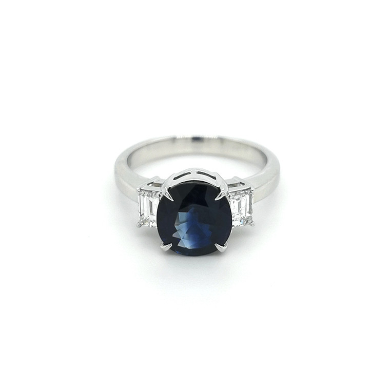 Platinum 2.66ct Round Sapphire & 0.49ct Emerald Cut Diamond Ring murray co jewellers belfast