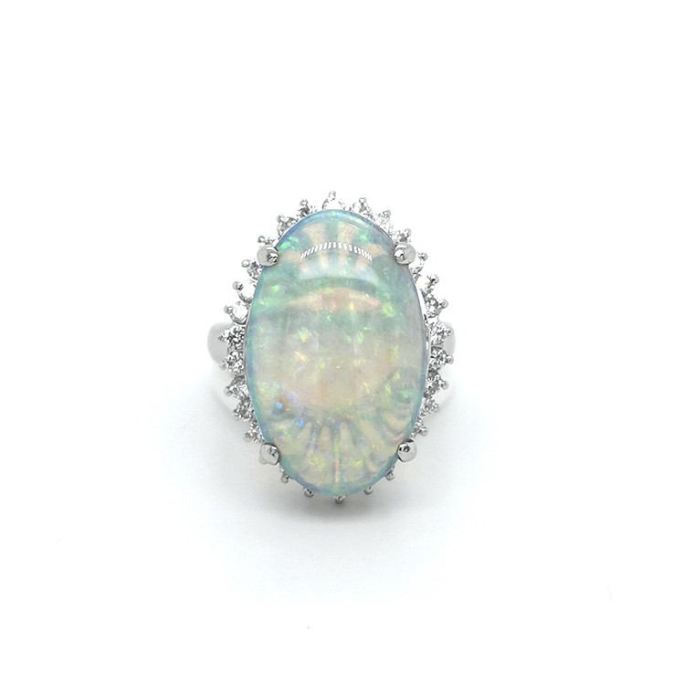 Platinum 5.60ct Oval Opal & 0.64ct Diamond Cluster Ring murray co jewellers belfast