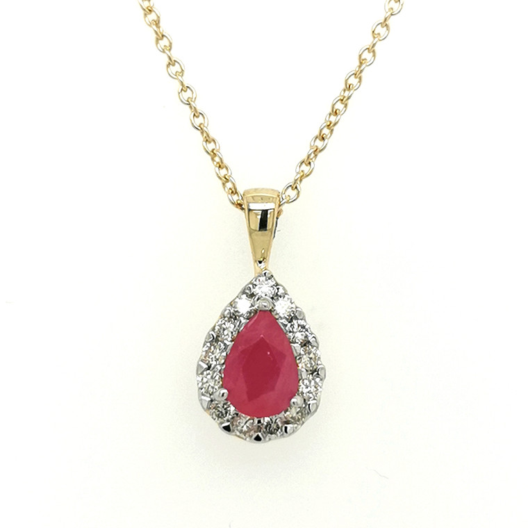 9ct Yellow Gold 0.78ct Pear Ruby & 0.24ct Diamond Pendant murray co jewellers belfast