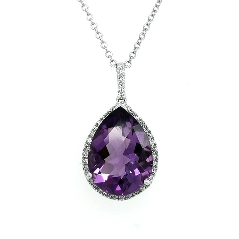 9ct White Gold 5.90ct Pear Amethyst & 0.20ct Diamond Pendant murray co jewellers belfast