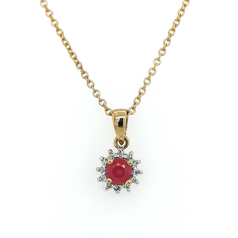 9ct Yellow Gold Ruby & Diamond Cluster Pendant murray co jewellers belfast