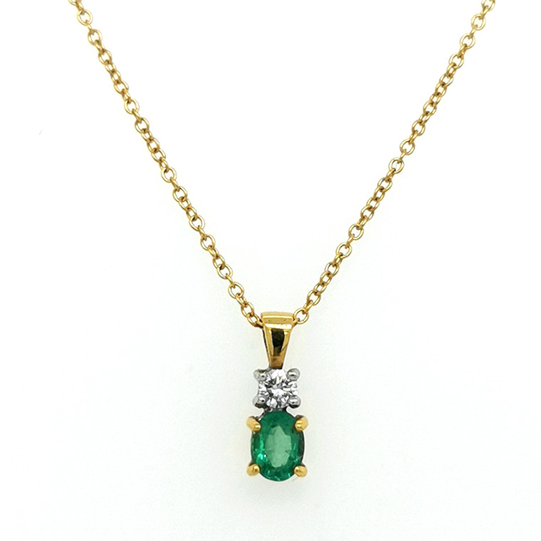 18ct Yellow Gold Oval Emerald & Round Brilliant Diamond Pendant murray co jewellers belfast