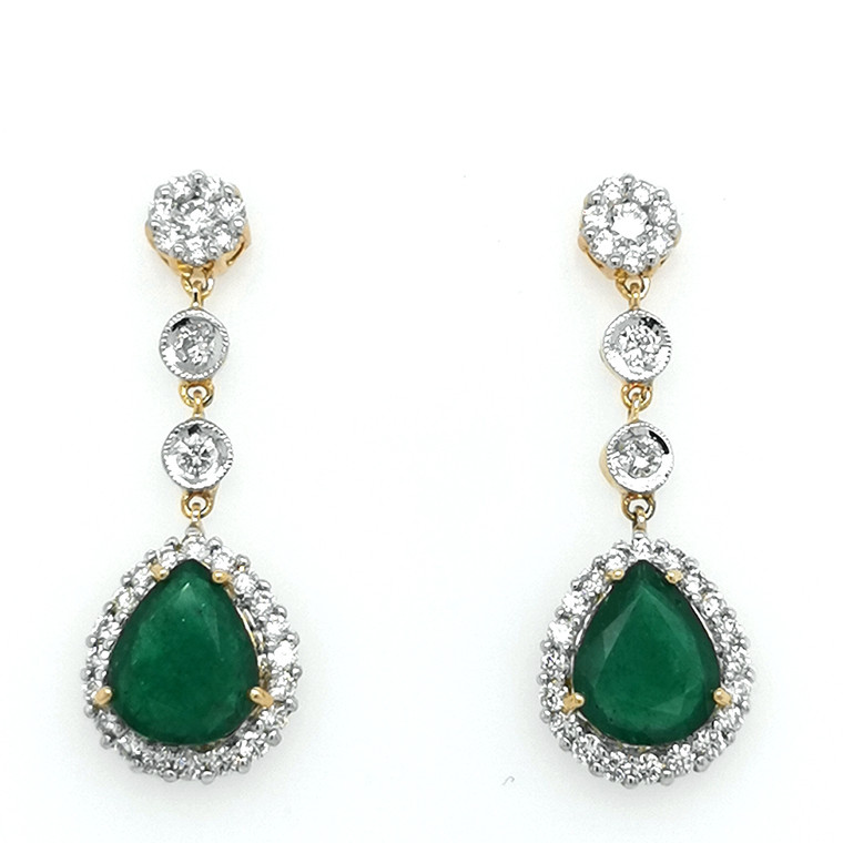 18ct Yellow Gold 3.90ct Pear Emerald & 1.20ct Diamond Drop Earrings murray co jewellers belfast