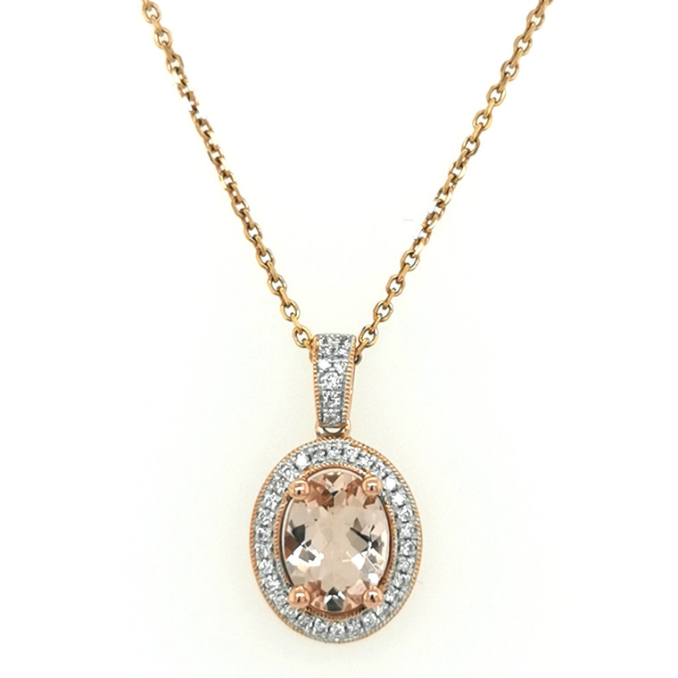 18ct Rose Gold 0.84ct Oval Morganite & 0.12ct Diamond Pendant murray co jewellers belfast