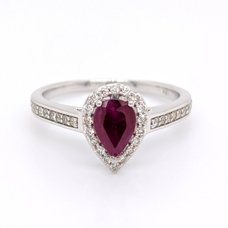 18ct White Gold 0.75ct Pear Ruby & 0.25ct Diamond Cluster Ring murray co jewellers belfast