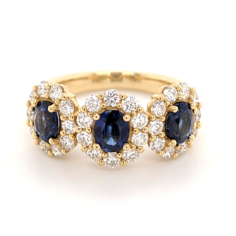 18ct Yellow Gold 1.78ct Sapphire & 1.20ct Diamond 3 Stone Cluster Ring murray co jewellers belfast