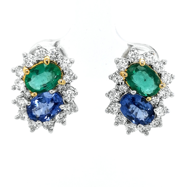 18ct White Gold 1.32ct Emerald, 2.10ct Sapphire & 1.26ct Diamond Earrings murray co jewellers belfast