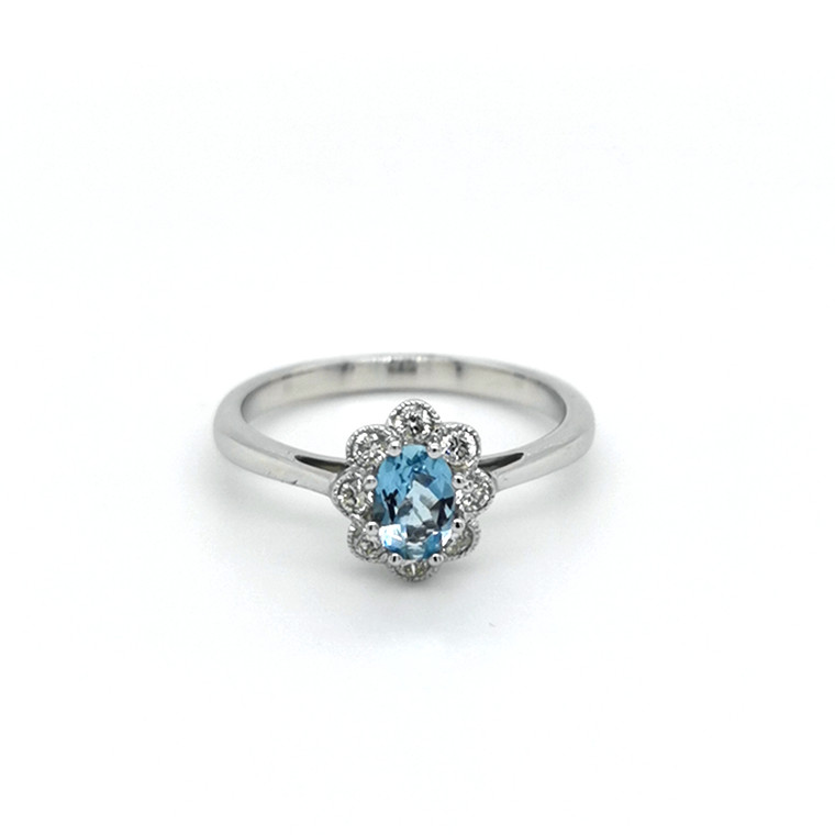 9ct White Gold 0.37ct Aquamarine & 0.20ct Diamond Cluster Ring murray co jewellers belfast